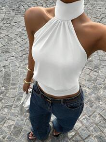 Muchica Women's Solid Color Halter Neck Casual Versatile Daily Outing Top - White - View 4