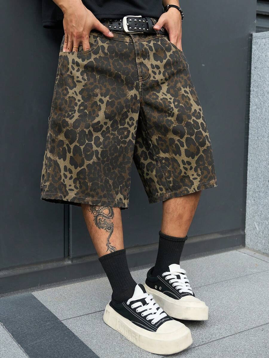 Manfinity EMRG Men's Street Style Casual Multi-Pocket Cargo Camouflage Leopard Print Denim Shorts - Multicolor - View 1