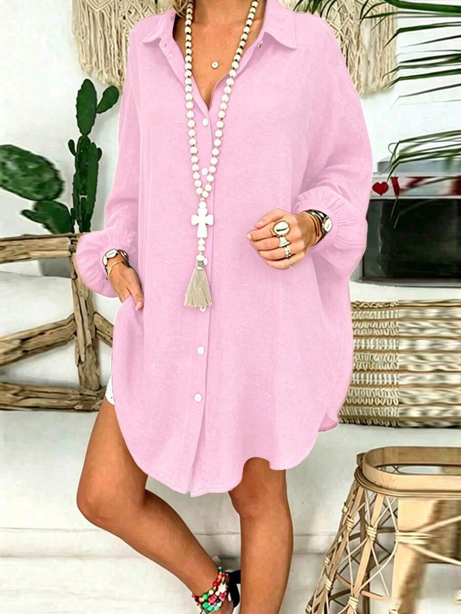 INAWLY Camisa holgada casual de unicolor para vacaciones en talla grande - Rosa - Ver 1