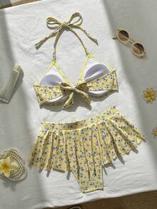 SHEIN Swim 黃色碎花掛脖綁帶比基尼，附荷葉邊裙褲下裝，2件式泳衣，適合泳池派對、海灘、夏季熱帶可愛風 - 彩色 - 查看 2