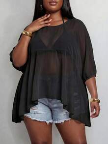 Slaydiva Black Chiffon Ruffle Flare Sleeve Loose Fit Blouse Beach Vacation Vacation Vacation Autumn Sexy Fall - Black - View 5