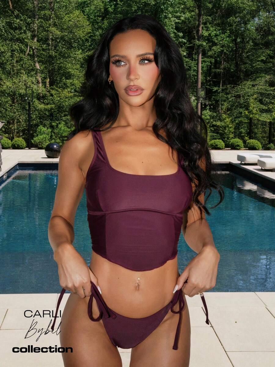 MISSGUIDED X Carli Bybel 束身衣風格短版比基尼套裝,方領、標準肩帶、側綁繩泳褲,適合夏季海灘 - 酒紅色 - 查看 1