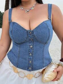Dazy Plus Washed Blue Stretch Fitted Minimalist Sexy Sexy Vacation Style Denim Vest Denim Top Plus Size Women Spring Summer - Light Wash - View 5