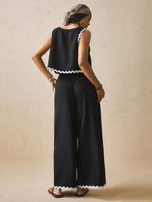 Levarali Women's Plus Size 2-Piece Set, Sleeveless Top With Wavy Hem, Black And White Contrast Color Wide Leg Straight Long Pants, Casual Formal Outfit - Black and White - View 2