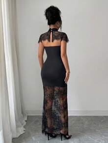 SHEIN Clasi Women's Stand Collar Contrast Lace Fitted Elegant Sexy Dress Party Dinner Date Night Black Summer - Black - View 2