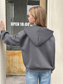 SHEIN Serisse Kids 青少年女孩秋冬日常休閒針織連帽愛心印花抓絨拉鍊口袋運動外套，適合週末、休閒出遊、返校 - 深灰色 - 查看 6