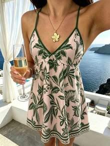 Breezaya Fashionable Vacation Style Spaghetti Strap V-Neck Polka Dot Print Cinched Cinched Waist Dress - Multicolor - View 3