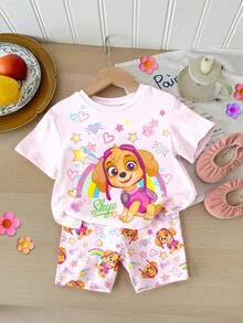 SHEIN | PAW Patrol Baby Girl Casual Round Neck Loose Short Sleeve T-Shirt Base Layer Cycling Shorts Set, Spring Summer, Cute Cartoon Animation Pattern Print Pink - Multicolor - View 1
