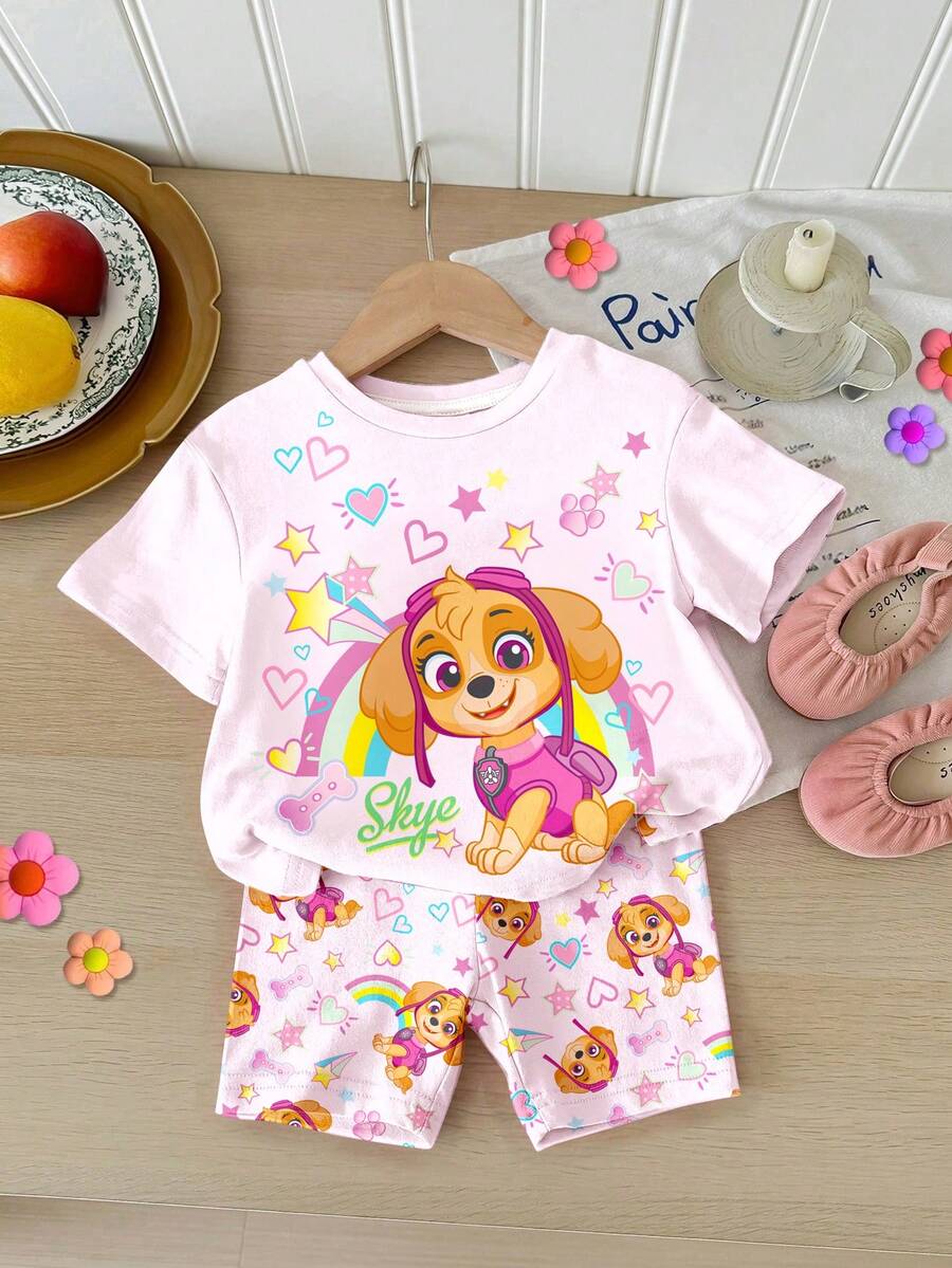 SHEIN | PAW Patrol Baby Girl Casual Round Neck Loose Short Sleeve T-Shirt Base Layer Cycling Shorts Set, Spring Summer, Cute Cartoon Animation Pattern Print Pink - Multicolor - View 1