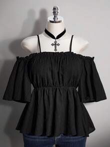 SHEIN ICON 大尺碼夏季休閒素色露肩細肩帶上衣 - 黑色 - 查看 3