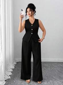 SHEIN Tall CURVE Conjunto Plus Size Feminino 2 Peças Elegante Cor Sólida Decote em V Colete Blazer Sem Mangas e Calça Longa Reta, Adequado para Uso Profissional e Deslocamento - Preto - Visão 4
