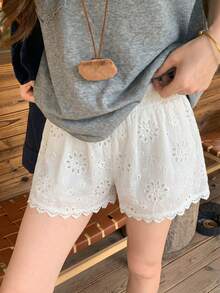 K-Vae Women's Spring/Summer Casual Vacation Embroidered Fabric Patchwork Lace Elastic Waist Shorts, Women's Summer Vacation Shorts, Women's Beach Shorts - White - View 2