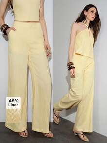 MOTF PREMIUM CASUAL LINEN WIDE LEG PANTS, SPRING/SUMMER - Yellow - View 2