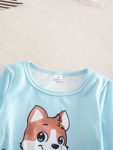 SHEIN Young Boy Cartoon Print Crew Neck Long Sleeve Top And Elastic Waist Long Pants Loungewear Set - Baby Blue - View 6
