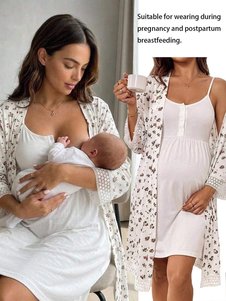 Slowluna Maternity Floral Contrast Lace Trim Robe And Nursing Dress 2 Pieces Set Fall - White - View 1