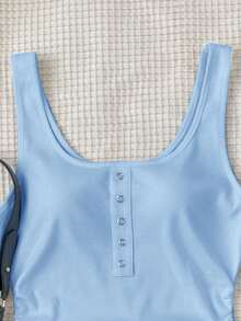 SHEIN Top de tirantes blanco básico con puntos y textura acanalada para adolescentes, con botón de metal, estilo casual versátil, cuello en U profundo y espalda nadadora - Azul - Ver 4