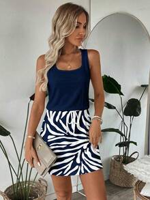 SHEIN LUNE Gaun Pendek Kasual Wanita Bermotif, Cocok untuk Liburan Musim Semi dan Musim Panas, Warna Biru Tua dan Putih - Navy Blue - View 3