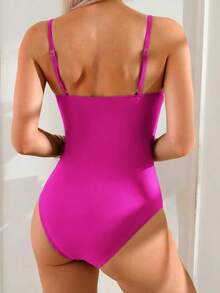 Swim Lushoire Women's Solid Color Minimalist Spaghetti Strap Ruched Design One-Piece Swimsuit - Pink - View 3