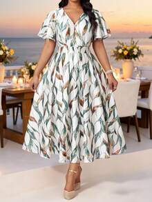 Fleurora Elegant White Summer Wedding Guest Dresses For Women,Bachelorette Party Holiday Allover Print Plus Size V Neck Flared Flounce Sleeve Satin Midi Dress - Multicolor - View 5