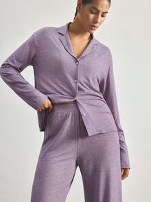 Ocili Soft Floral Print Pajama Set With Collar, Long Sleeve Top And Pants For Women - Purple - View 5
