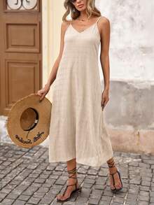 Brillora Vacation Solid Color Woven Textured Fabric Midi Strap Dress - Apricot - View 1