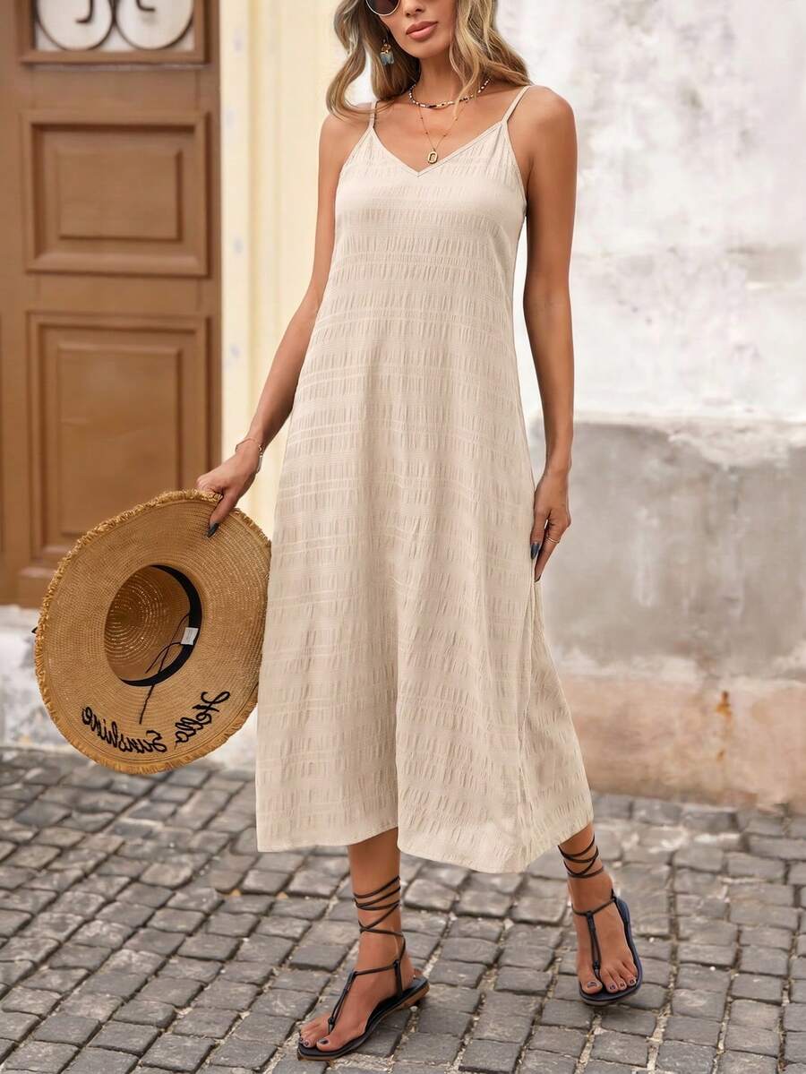 Brillora Vacation Solid Color Woven Textured Fabric Midi Strap Dress - Apricot - View 1