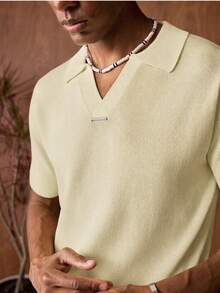 AKNOTIC Business Casual Men's Solid Color Polo Collar Short Sleeve Casual Versatile Knit Top - Light Yellow - View 1
