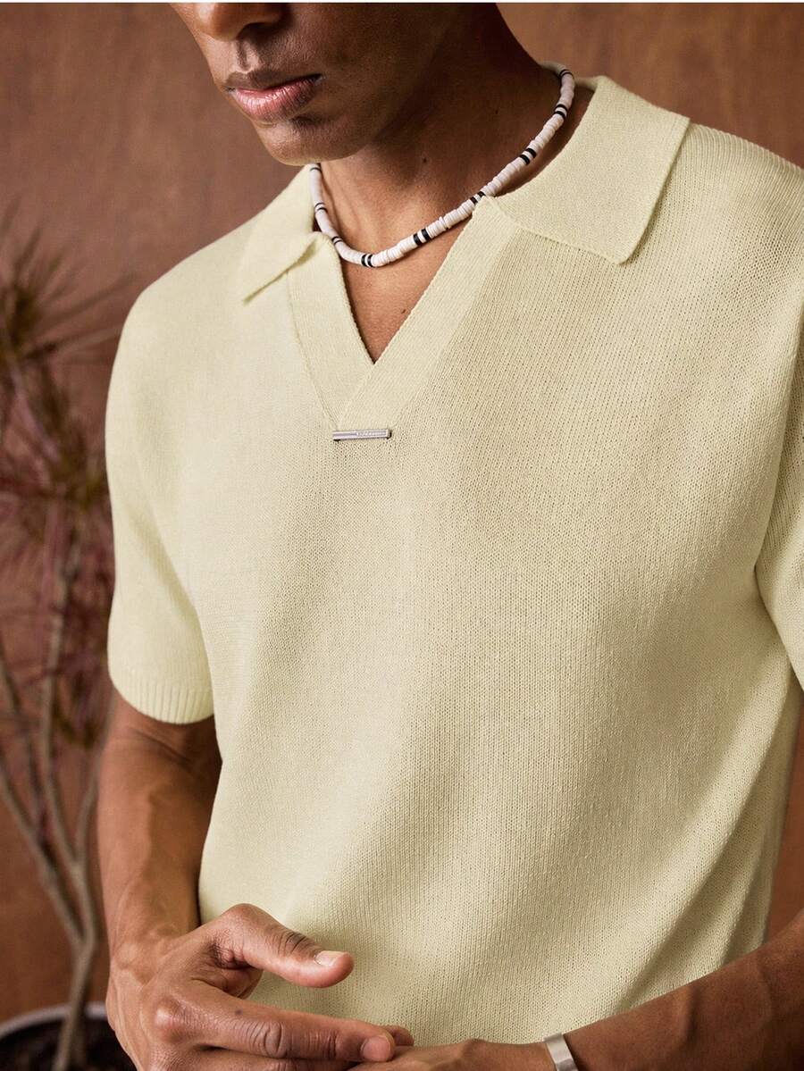 AKNOTIC Business Casual Men's Solid Color Polo Collar Short Sleeve Casual Versatile Knit Top - Light Yellow - View 1