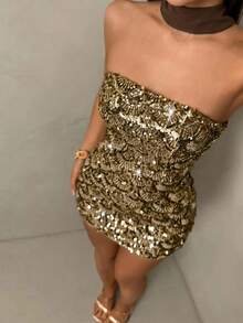 SHEIN Glamour 女款亮片抹胸貼身時尚短洋裝 - 咖啡 - 查看 3