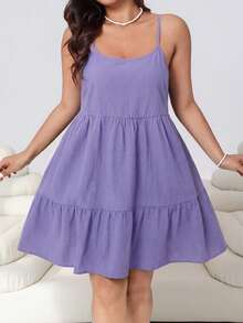 Solflare Gaun Wanita Ukuran Plus Warna Lilac untuk Musim Semi/Panas dengan Tali Bahu Tipis - Lilac Purple - View 3