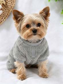 1 Piece Pet Plush Four-Legged Clothes, Solid Color Windproof Warm Outfit, Dog Sweater Hoodie, Suitable For Cats & Puppies In Autumn And Winter - Grey - View 2
