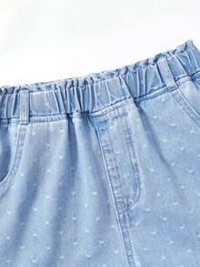 SHEIN 休閒可愛百搭基本款時尚甜美女孩度假蝴蝶結愛心圓點提花舒適寬腿牛仔褲，平底鬆緊腰，口袋設計，適合女孩日常穿著 - 淺色水洗藍 - 查看 8