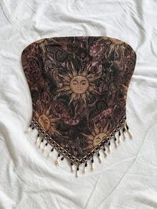 Soleia 女款度假針織太陽印花圖案拼接串珠鍊條抹胸上衣，波希米亞風復古女裝，適合派對、聖誕、約會、夜店、海灘、郵輪度假、下午茶、秋季穿搭 - 咖啡棕 - 查看 7