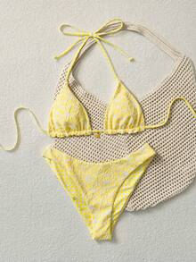 Swim Mod Women's Sweet Floral Print Reversible Halter Neck Bikini Set - Yellow - View 3