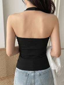 DAZY 女款夏季休閒百搭純色露背掛脖上衣 - 黑色 - 查看 2