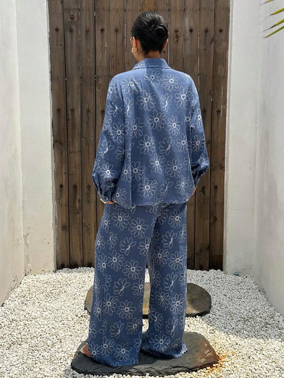 Dazy Plus Blue Western Style Beach Vacation Pattern Loose Minimalist Women's Spring Summer Autumn Long Sleeve Two Pieces Set Blue Outfit
