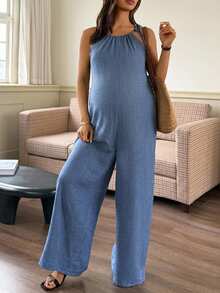 Dazy Maternity جمبسوت كتان بحمالات رفيعة بلون موحد، ملابس عطلات يومية، جمبسوت حمل أزرق للصيف - الأزرق - مشاهدة 3