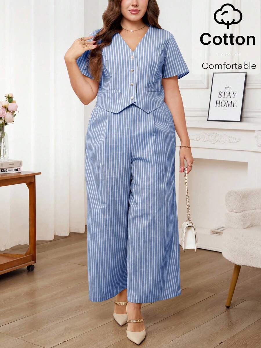 SHEIN Clasi 大尺碼春夏休閒簡約百搭純色兩件套女裝西裝外套 + 長褲,春夏風格 - 淺藍色 - 查看 1