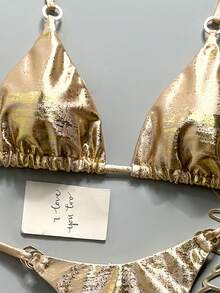 Swim Vcay 女款度假海灘金屬質感掛脖綁帶比基尼兩件式泳衣套裝 - 金色 - 查看 7