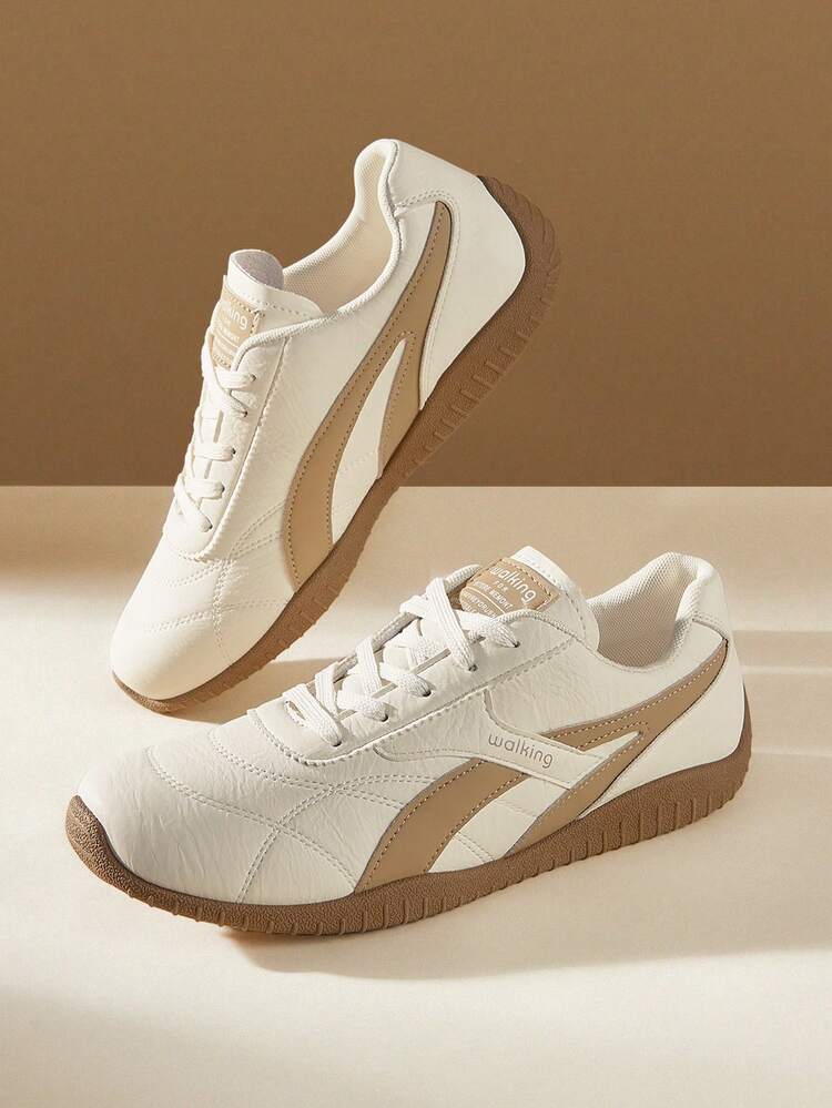 CUCCOO EASI Women's Lace-Up Splicing Design Round Head Flat Bottom Casual Sports Shoes Casual Style PU With Imitation Suede Leather White Casual Sports Shoes Daily Outdoor Leisure Sports