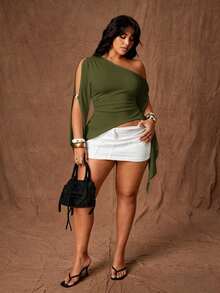 Rustia Top de talla grande para chica sexy con un hombro, recorte y dobladillo asimétrico - Verde militar - Ver 8