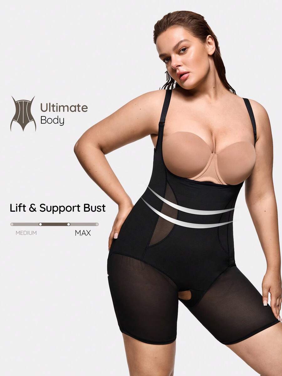 SHAPORA Đồ lót định hình liền thân nữ size lớn màu trơn phối lưới - màu đen - Xem 1