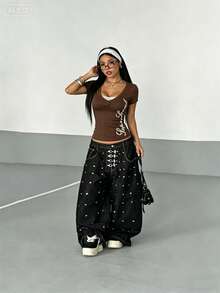 StreetHx Streetwear Summer Women's Letter Print Rhinestone Short Sleeve T-Shirt - Rust Brown - View 5