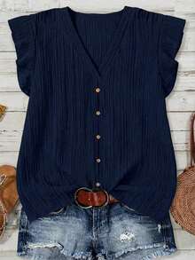 Mellowie Casual Minimalist Dark Blue Plus Size Shirt Suitable For Summer - Navy Blue - View 1