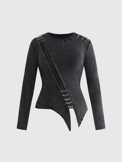 Grunge Punk Y2k Punk Sicherheitsnadel Dekoration Asymmetrischer Saum Schneeflocken Muster Eng anliegend Damen Große Größen T-Shirt