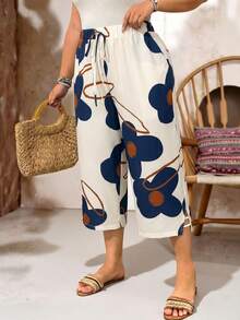 Weeklong Plus Size Abstract Floral Print Bohemian Style 3/4 Length Pants With Side Pockets, Elastic Waist, Drawstring And Side Slit Casual Wide Leg - Apricot - View 1
