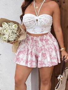 Sunnyshic Plus Size French Vintage Print Shorts, Shirred, Lace-Up, Ruffle, Elastic Waist Concealing Shorts, Blue Porcelain White Ruched Ruffle Mini Pants, High Waist Patchwork Shirred Pants, Suitable For Summer Vacation And Beach Trips, Travel Photography, Dates - Multicolor - View 5
