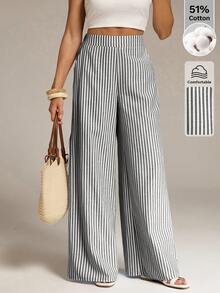 Pantalones rectos de cintura alta cómodos a rayas para mujer alta, primavera/verano - En blanco y negro - Ver 3