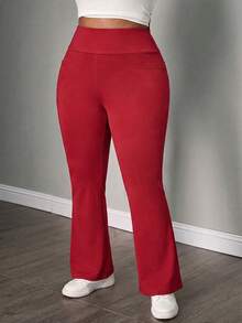 SHEIN PETITE CURVE 大尺碼女款秋冬開學季休閒居家瑜伽舒適戶外純黑色針織彈性腰高腰口袋喇叭褲，附口袋內搭褲 - 紅色 - 查看 4