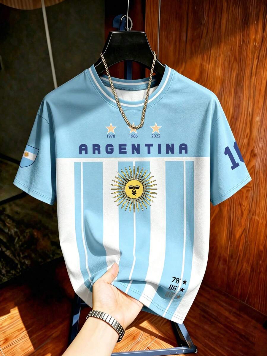 Aesthetic Post 美式復古藍白條紋英式印花運動球衣,阿根廷街頭風圓領上衣,男女款圖案T恤,夏季運動休閒雙用短袖襯衫,足球、足球用品 - 彩色 - 查看 1